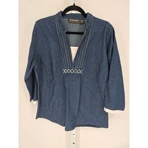 Citicraze Women's Blue Long Sleeve V-neck Cotton Blue Casual Jeans Top Size 1X